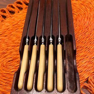 Vintage Leppington Sheffield England Stainless Steak Knife set of 5 w/ Wood Case